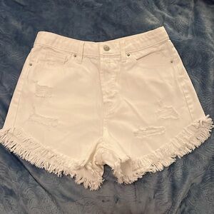 White fringe denim high rise shorts